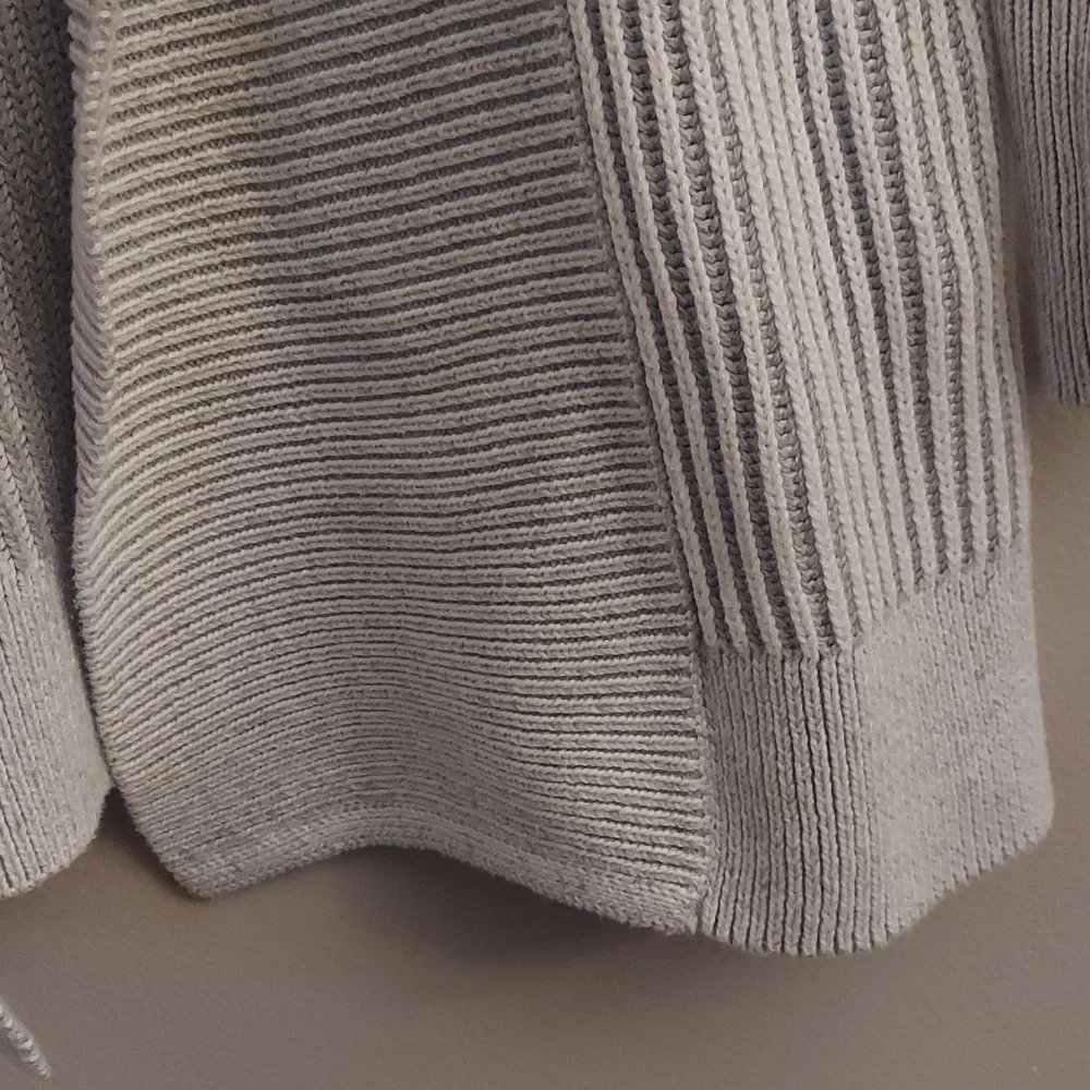TAHARI Gray White Ribbed Knit Open Front Shawl Collar Cardigan S Warm Cozy
